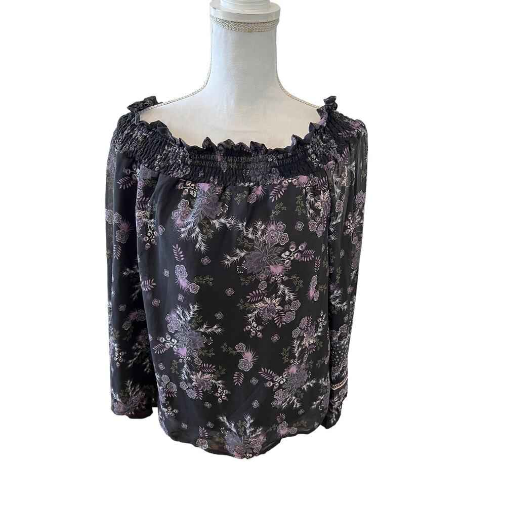 Lovestitch Long Sleeve ChiffonTop Dark Floral Print L